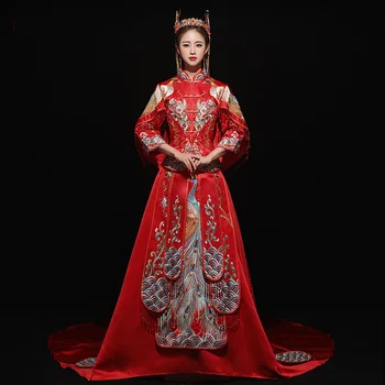 

Peacock Vintage Chinese Red Women Marriage Qipao High Quality Bride Trailing Dress Suzhou Embroidery Cheongsam Suit Vestidos