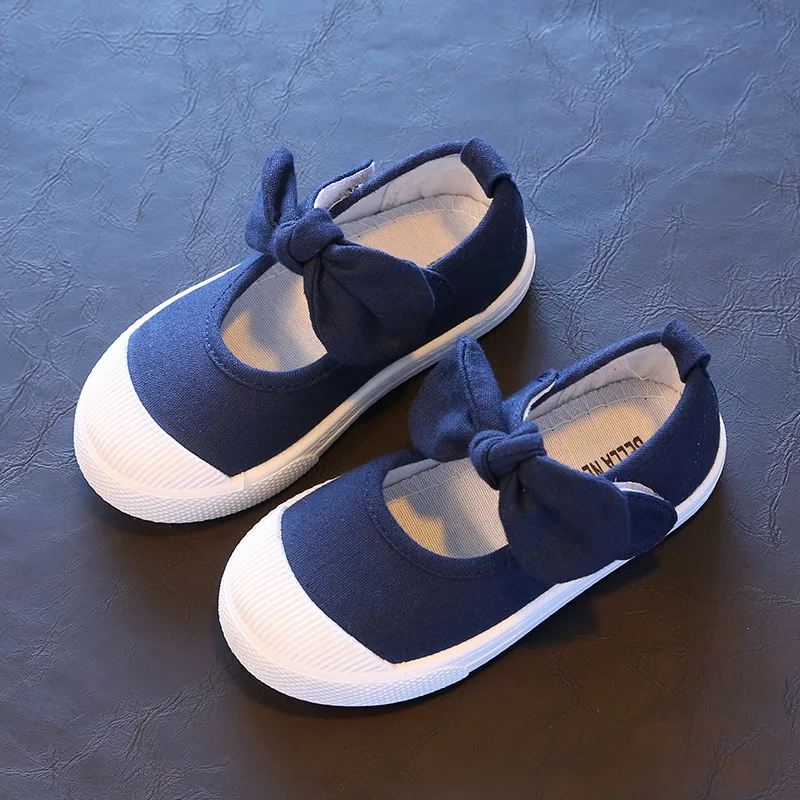 Детская Повседневная парусиновая обувь; милые детские туфли на плоской подошве с бантом; весенние кроссовки принцессы года; однотонные кроссовки для маленьких девочек - Цвет: blue