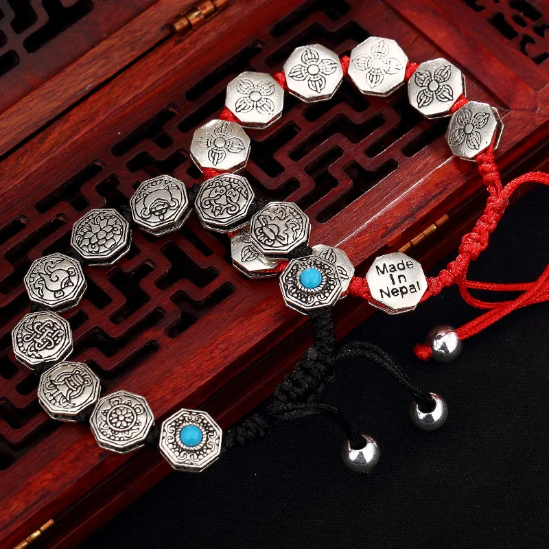 

S925 Sterling Silver Bracelet & Bangle Six Words Lucky Retro Thai Silver Personality Men Women Braided Rope Bracelet