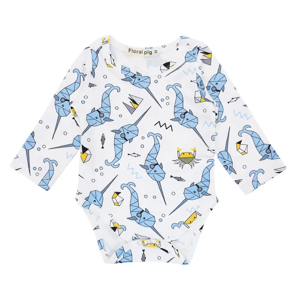 Newborn Infant Baby Boy Long Sleeve Ocean World Fish Print Romper