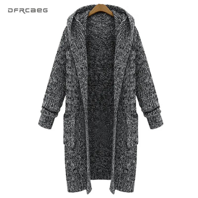 

Warm Women Knitted Sweater Cardigan Long Coats 2019 Winter Clothes Thicken Loose Hooded Coats Female Long Sleeve Outerwear Gray