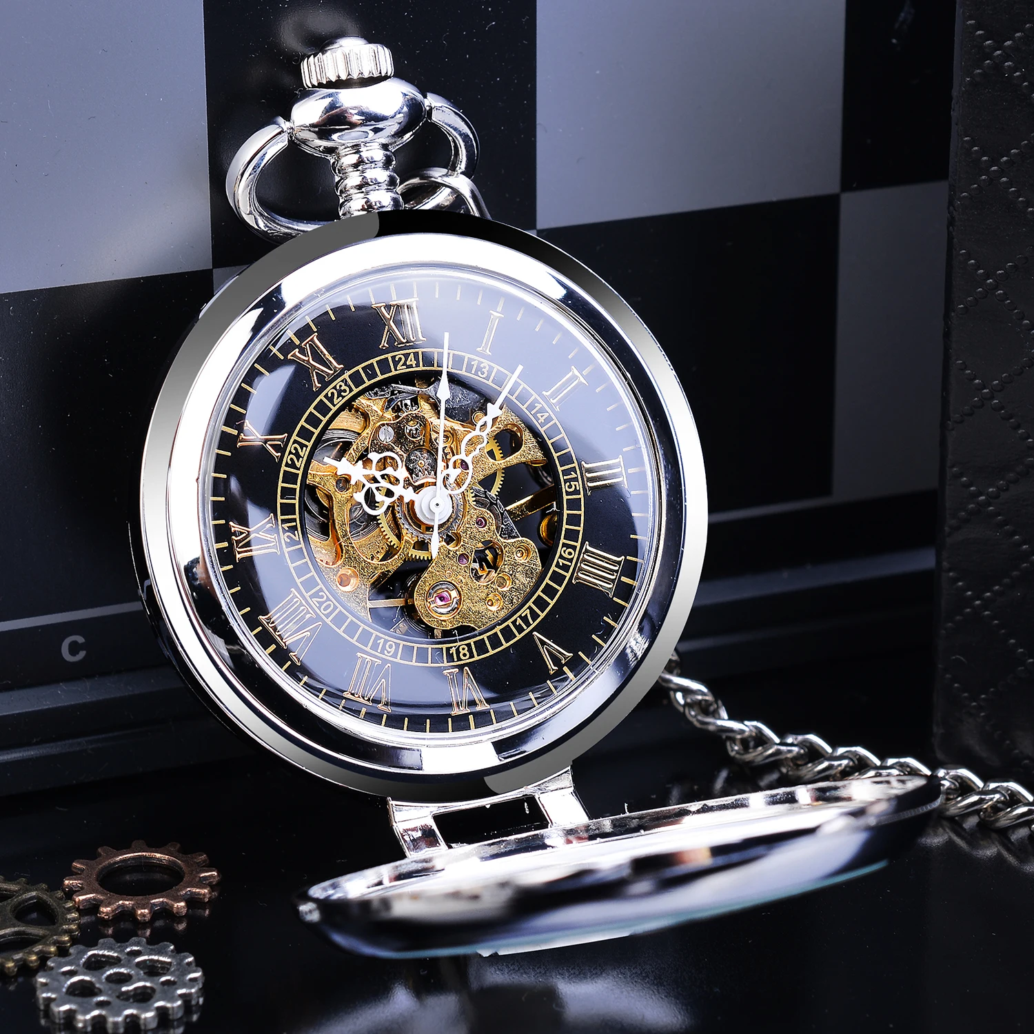 Серебряный чехол-подставка в стиле стимпанк, дизайн, механические часы для мужчин, карманные часы, прозрачный скелет, римские цифры с цепочкой-брелоком