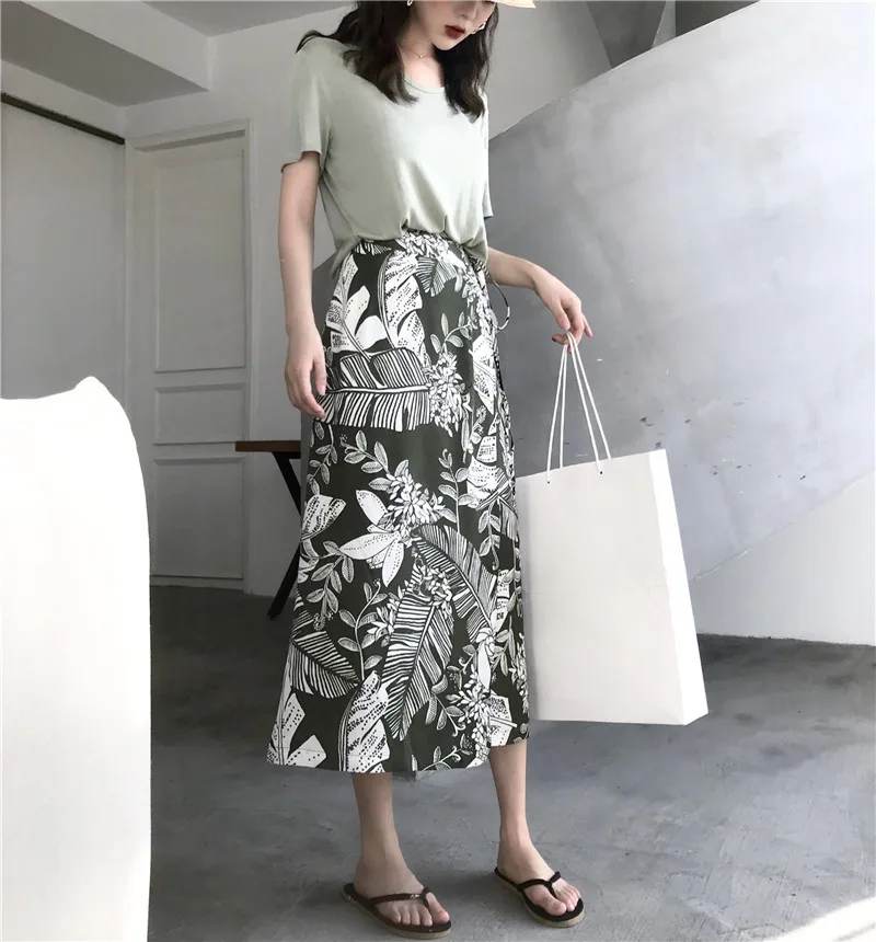 

2 Piece SetSummer Skirt Set Women Beach Style Green High Waist Wrap Skirt+Solid Casual Tops Female Fashion Boho Twinset