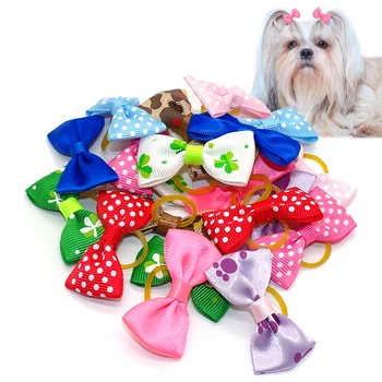 

20pcs/lot Handmade Puppy Dog Hair Bows Cute Point Paw Flower Pet Cat Bows Grooming Accessories With Rubber Bands
