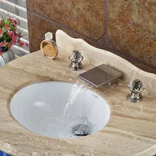 New Design Waterfall Dual Handle Basin Faucet Deck Mount Brushed Nickel 3pcs Hot Cold Mixer Taps