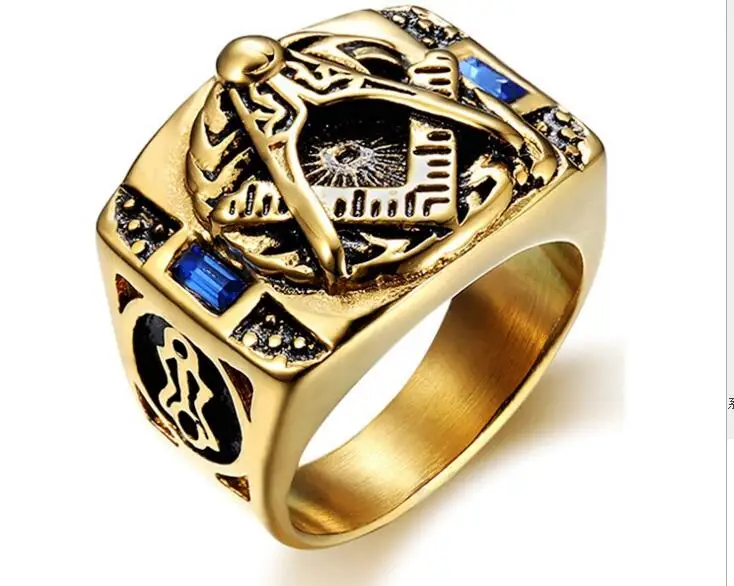 12pcs/lot Vintage Gold Freemason Ring With Blue Crystal Titanium Masonic Ring Men Master Free