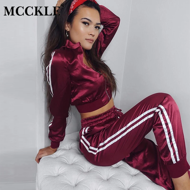 

Autumn Women Tracksuit 2 Pieces Set Side Striped Cropped Sweatshirt Female 2019 Short Bomber Sweatshirts Long Pants Suit Sets