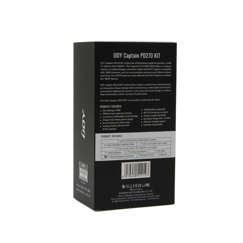 Original IJOY Kit With 20700 Battery 234W PD270 Box MOD 4ml Captain S Subohm Tank E Cig Captain PD270 Kit 02