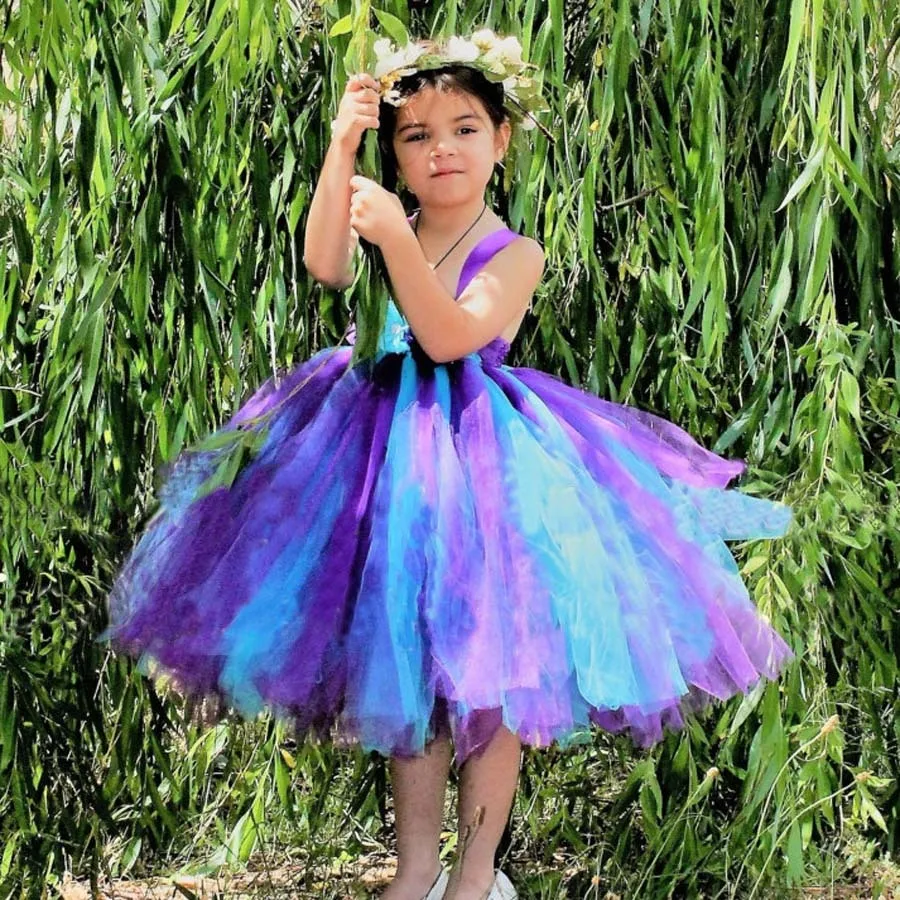 Purple Turquoise Flower Girl Tutu Dress Peacock Style Girls Ball Gown (2)