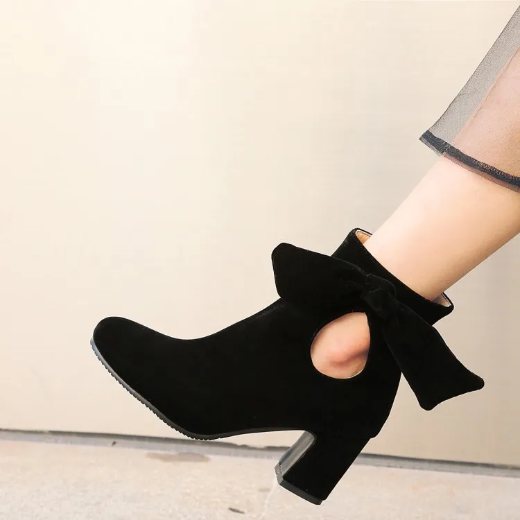 

Big Size 11 12 13 Ma'am Coarse heel Short boots Pure color Bowknot boot barre Suede high-heeled boots