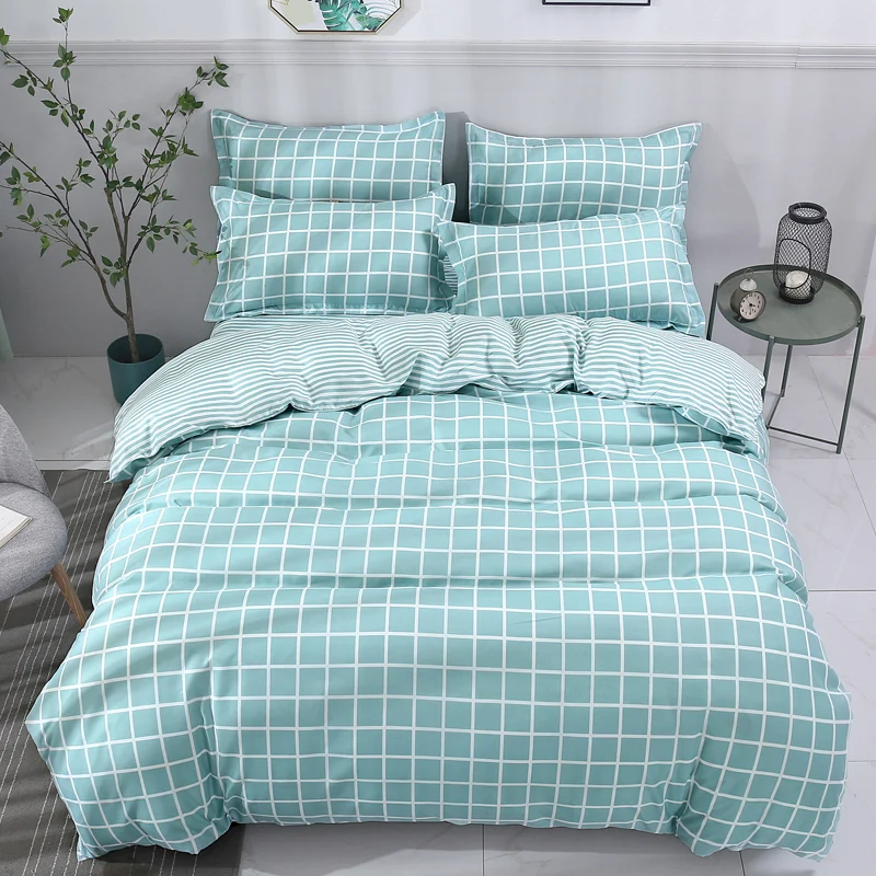 

Simple Light Blue Solid Color Small Plaid Pattern 4pcs Bed Linings Duvet Cover Bed Sheet Pillowcases Cover Set Bedspread 4 Size