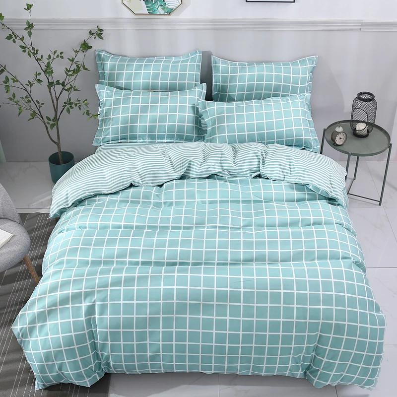 Simple Light Blue Solid Color Small Plaid Pattern 4pcs Bed ...