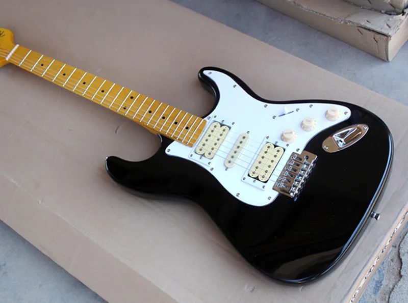 

Factory Custom Black Electric Guitar with White Pickguard,Maple Fretboard,HSH Pickups,Customize it according to your request.