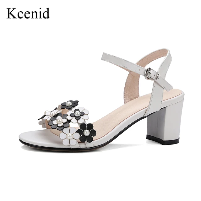 Kcenid Genuine leather women sandals summer 2018 shoes woman handmade flower pearls square heel women casual shoes plus size 43