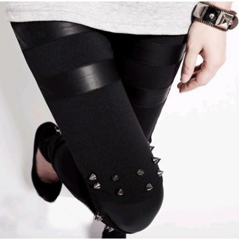 Punk cotton and Leather Leggings Women Sexy black Pants Gothic Stretch Vinyl pant lady sexy Rivit Leggins European Slim capris 