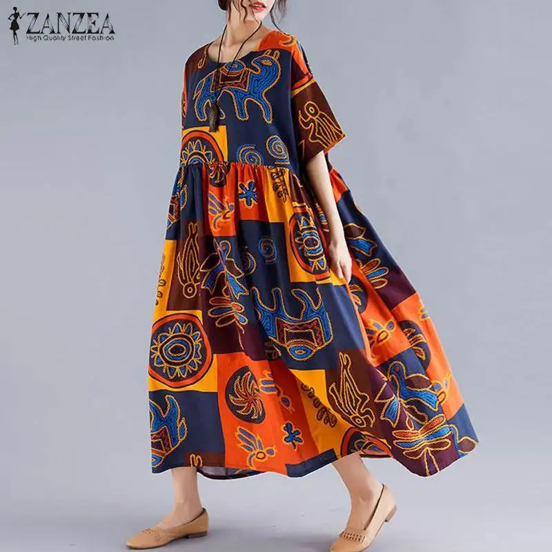 ZANZEA الصيف المرأة طباعة اللباس فستان الشمس القطن الإناث طويل Vestido فام زائد حجم خمر فضفاض عارضة عطلة ماكسي اللباس رداء