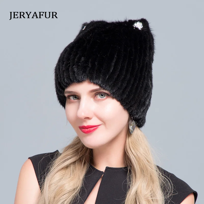 Женская зимняя шапка JERYAFUR лыжная из норкового меха шапка-пуловер со стразами
