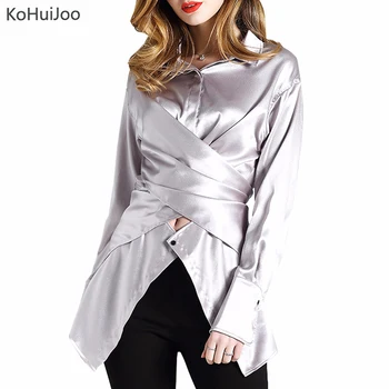 

2019 Long Sleeve Satin Blouses for Women Spring Summer Fashion Solid Long Slim Shirt Streetwear Plus Size Irregular Top Loose