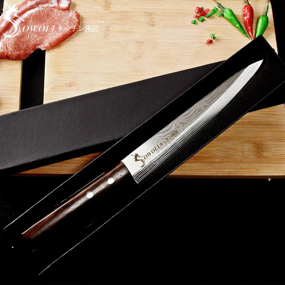 SOWOLL Stainless Steel Sashimi Kitchen Knife Laser Damascus Chef Knife Japanese Salmon Sushi Petty Raw Fish Filleting Knife