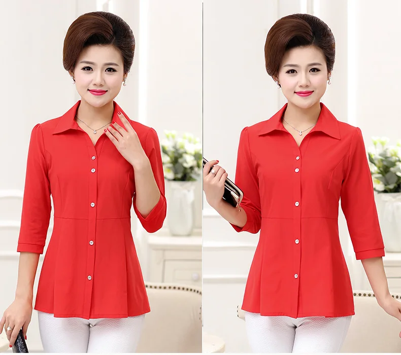 Woman Casual Shirt Half Sleeve Top Red Green Blue Plain Blouses Women Turn Down Collar Tops Peplum Blouses Bottom Front Top Plus Size (1)