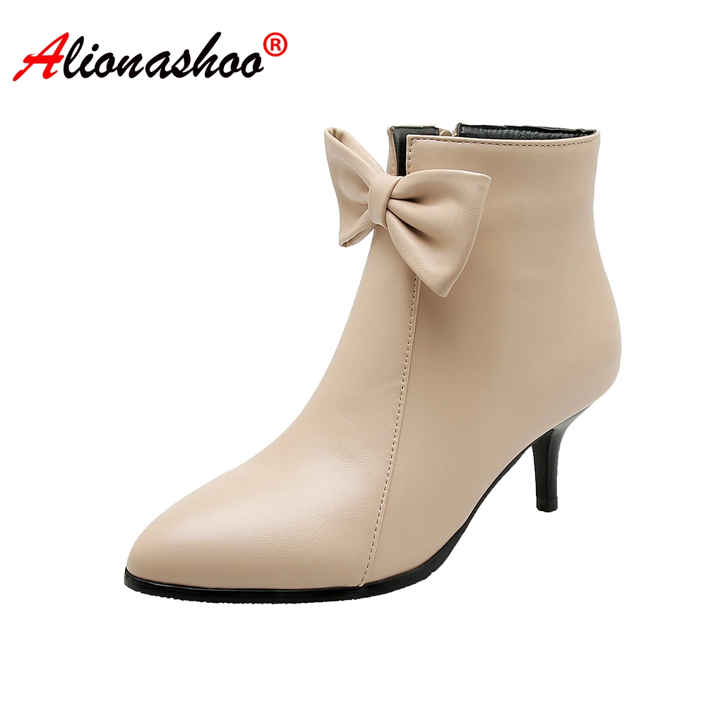 

Women Ankle Boots Ladies Pointed Toe Butterfly-knot Boots Large Size Fashion Wear Booties Autunm and Winter Shoes Botas 34-48