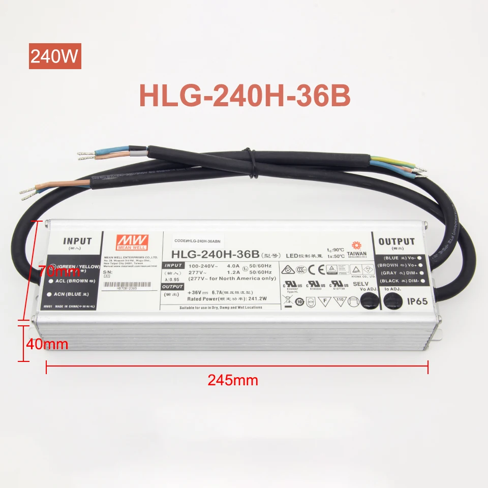 Meanwell Dimmable 185 Вт 240 Вт 320 Вт Светодиодный драйвер HLG-185H-42B HLG-240H-36B, HLG-320H-42B LPC-60-1400, APV-12-12 Выход светодиодный Мощность адаптер