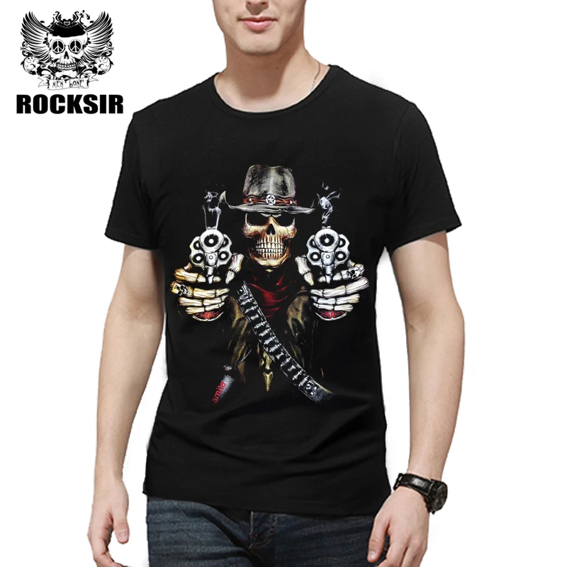 Rocksir 2017 Скелет ковбой 3d мужская футболка персональный дизайн двойной пистолет