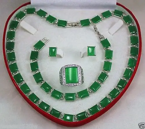 

Hot selling> Jewelry 001279 Beautiful green jade necklace bracelet earring ring Jewellery set size 9-11# (A0511) -Bride jewelry