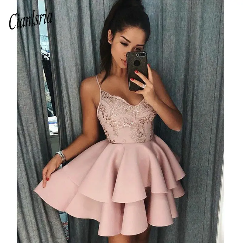 

Dusty Rose Short Homecoming Dresses 2019 Fall Spaghetti Straps A Line Layers Cocktail Dress Lace Sequins Mini Prom Gowns