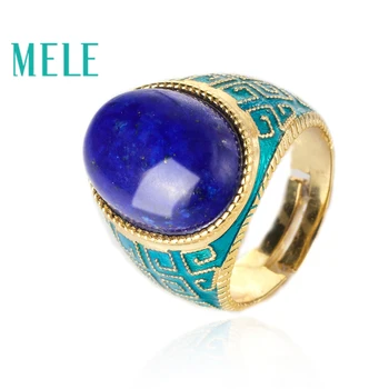 

MELE natural lapis lazuli 925 sterling silver ring, big oval 13mm*18mm, deep blue color,fashion and trendy,Enamel craft