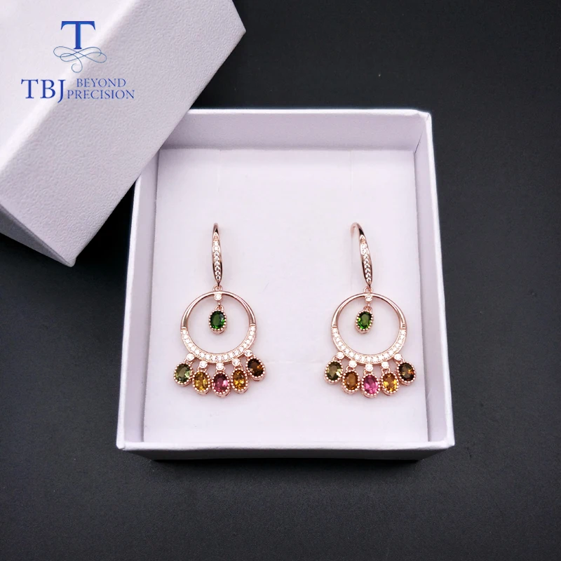 TBJ,High quality natural multi-color tourmaline 925 sterling silver hook earring for girl birthday party or daily wear nice gift