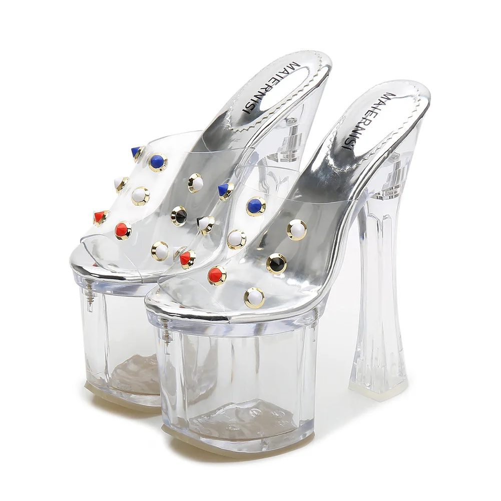 

Women Sandals Gladiator High Heels 18cm Transparent Shoes Peep Toe Slip-On Studded Platform Sandals Plus Size Summer Slippers