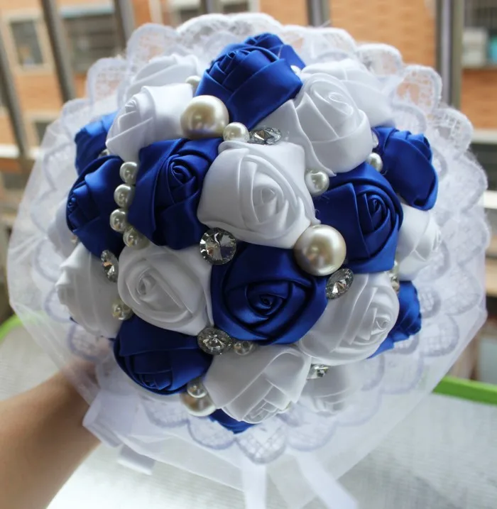 Королевский синий белый свадебные цветы хрустальные свадебные букеты Кружева жемчуг бисером невесты свадебные букеты невесты цвет на заказ W239-5