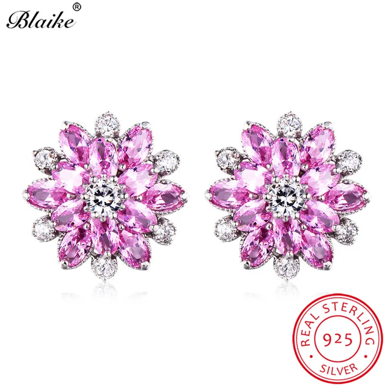 

Blaike Cute Pink Stone Snowflake Stud Earrings For Women Solid 925 Sterling Silver Earrings Tourmaline Birthstone Zircon Jewelry