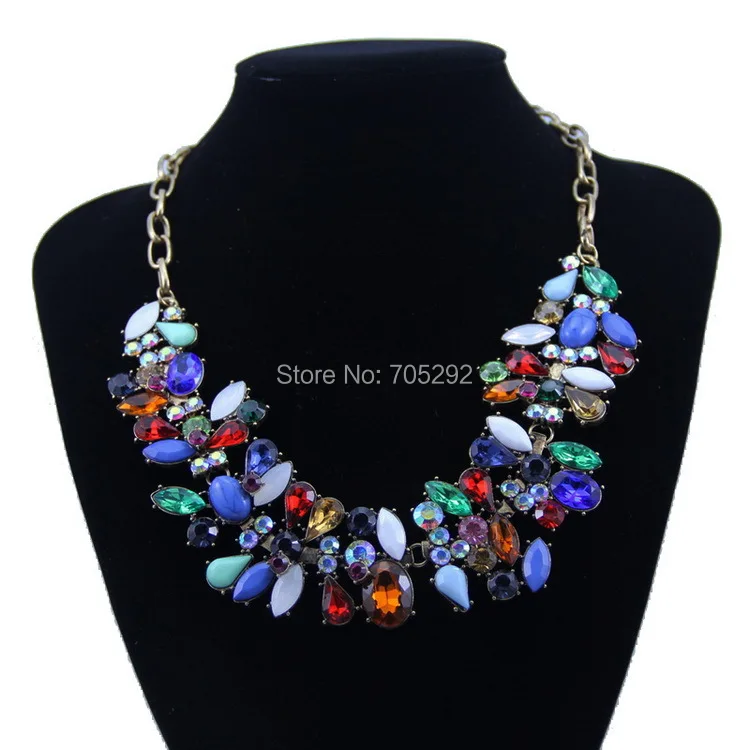 

New Design Metal Link Chain with Multi color Crystal Flower Pendants Choker Statement Necklace for Women