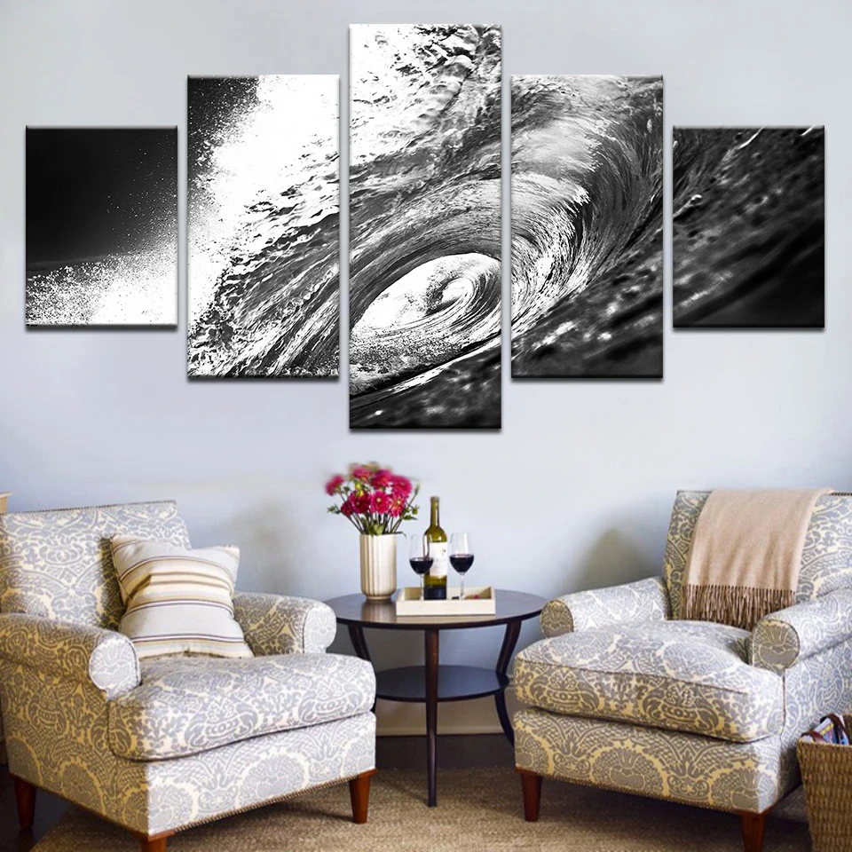 5 Panels Large Modern Sea Wall Art Black and White Waves Ocean Oil Painting On Canvas Modular
