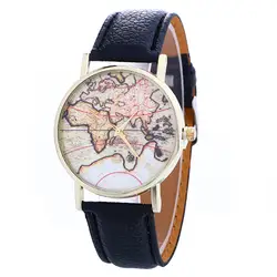 Новый стильный Для женщин Креативные часы Map шаблон кварцевые часы кожа ремень Таблица наручные часы Повседневное Спорт Баян коль saati A60