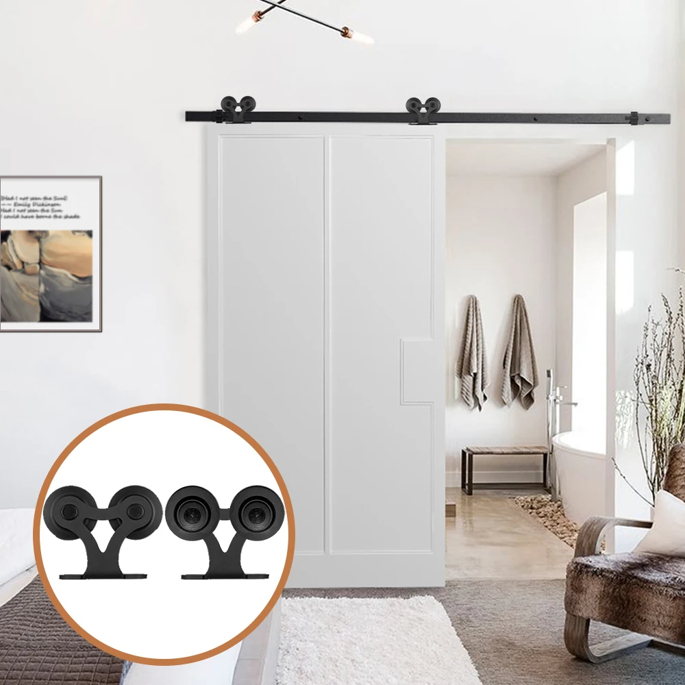 LWZH DIY Carton Steel Sliding Barn Door Hardware Kit Black T- Shaped with Two Rollers for Interior Sliding Single Door lwzh 7ft 9ft american style wooden sliding barn door diy hardware kit black steel t shaped roller track hardware for single door