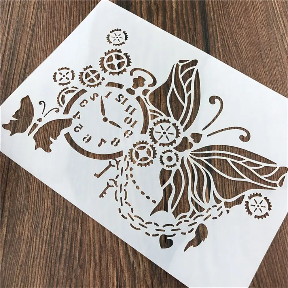 

1pc Cute Clock Butterfly Reusable Stencil for DIY Scrapbooking Painting Decor Stamping Paper Card Drawing Template Stencil Craft