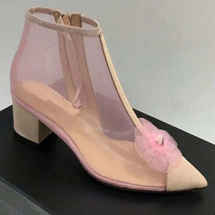 

Women Mesh Sandals Ankle Boots 3D Flower Fashion Block Heel Pointed Toe Summer Breathable Shoes Leisure Black White Pink A741
