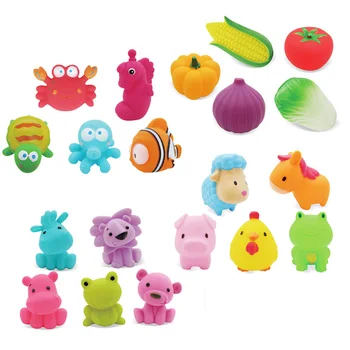 

Bath Toys Mixed Animals Fruits Vegetables Colorful Soft Rubber Float Squeeze Sound Squeaky Bathing Toy Swimming Toy For Baby