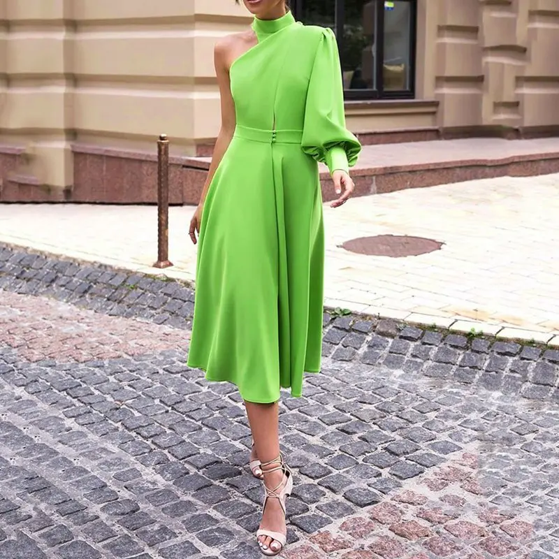 Long Lantern Lantern Sleeve Pullover Dress Women avocado Green One Shoulder Plus Size 4XL Dinner Party midi dress Female