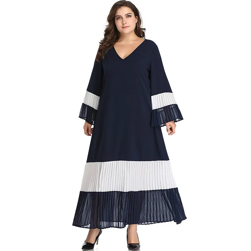 

Summer Long Flare Sleeve Dress V Neck Elegant Patchwork Pleated Long Boho Dress 2019 Loose Kaftan Plus Size Women Beach Dresses