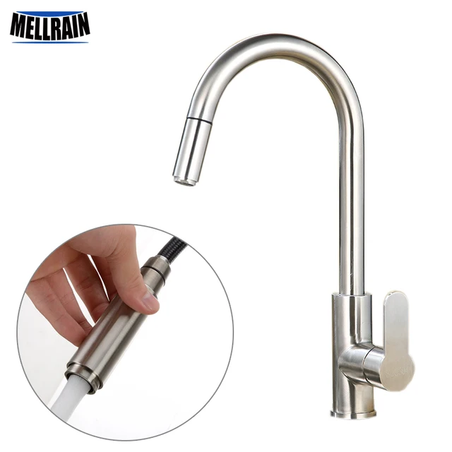 Best Offers New brushed pull out kitchen faucet round stainless steel sink mixer kitchen tap single handle surface constant 50 years