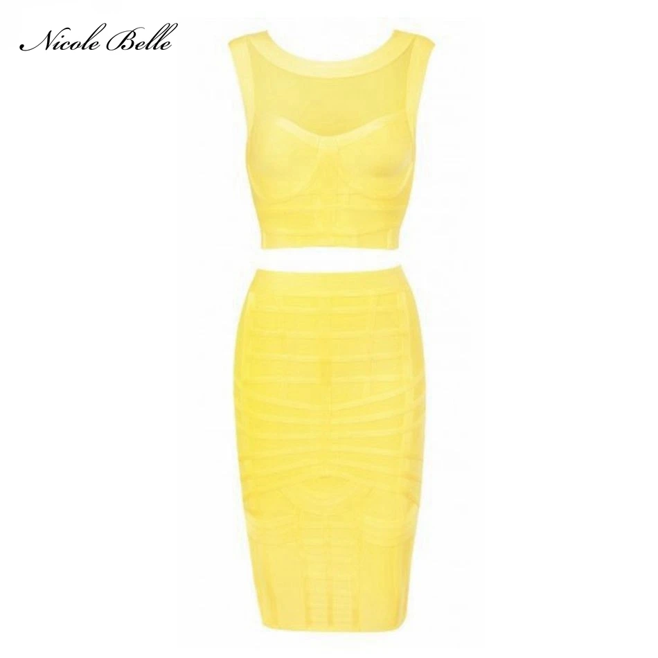 2017 New Fahion Woman Yellow Bandage Dress 2 Pieces Sexy Knee length Bodycon Dress Club Evening