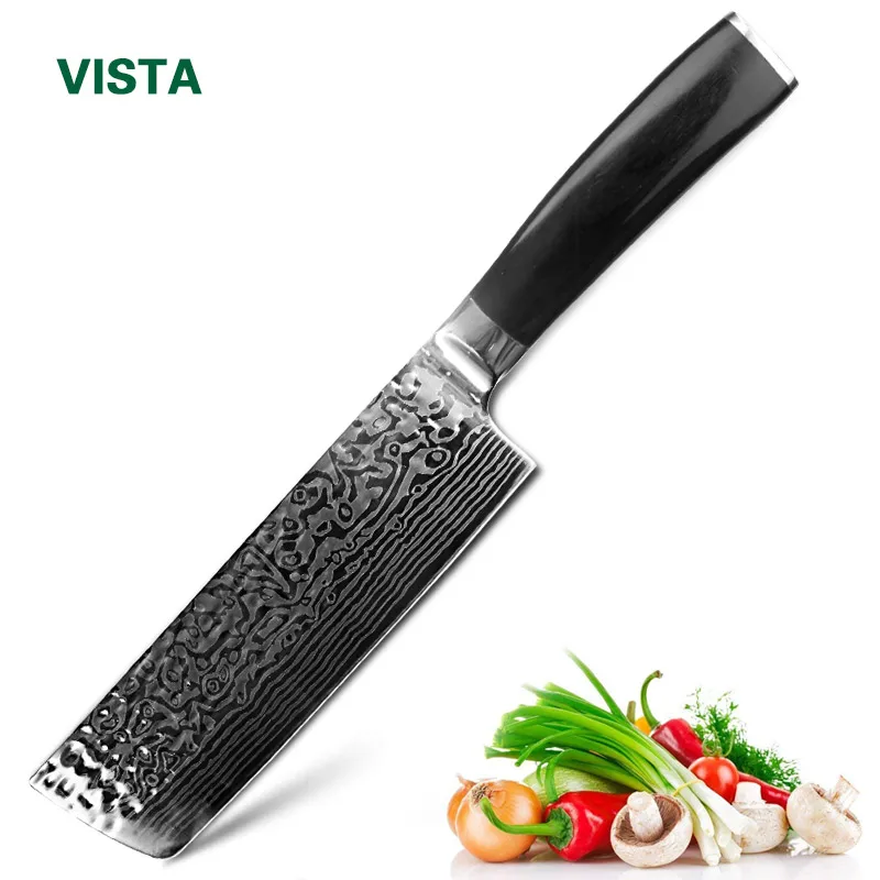 Baratos Cuchillos de Chef cuchillo de cocina 7 pulgadas japonés 7CR17 440C alto carbono Acero inoxidable imitación Damasco lijado láser Santoku cuchillo