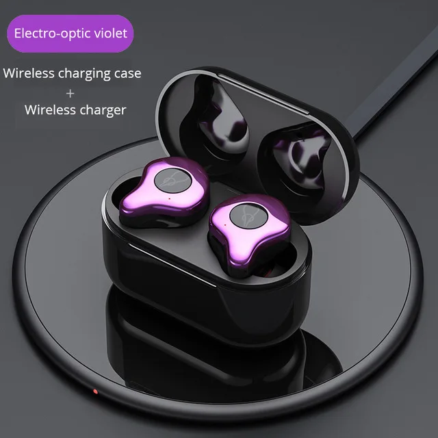 Настоящие беспроводные Bluetooth наушники с глубоким басом, Hi-Fi, стерео, с шумоподавлением, беспроводные наушники с портативной беспроводной зарядной коробкой - Цвет: Фиолетовый