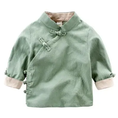 Новая рубашка в китайском стиле для мальчиков, восстановленная одежда высокого качества с длинными рукавами в древнем стиле для детей, хлопковое однотонное пальто, JJ0080 - Цвет: Зеленый