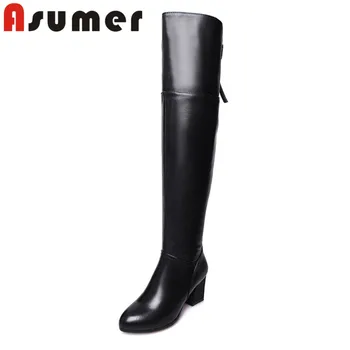 

ASUMER 2020 NEW zipper sewing high heels boots simple genuine leather boots for women pointed toe thick heels winter boots