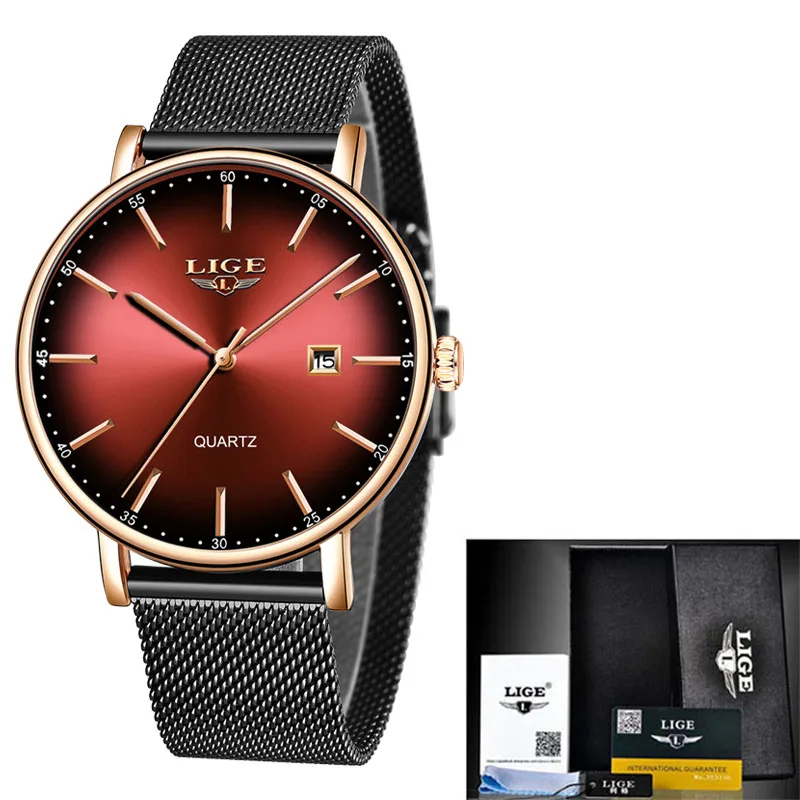 Rose gold red LIGE, женские часы, Лидирующий бренд, Роскошные, для девушек, с сетчатым ремешком, ультра-тонкие часы, нержавеющая сталь, водонепроницаемые часы, кварцевые часы, Reloj Mujer - Цвет: Rose gold red